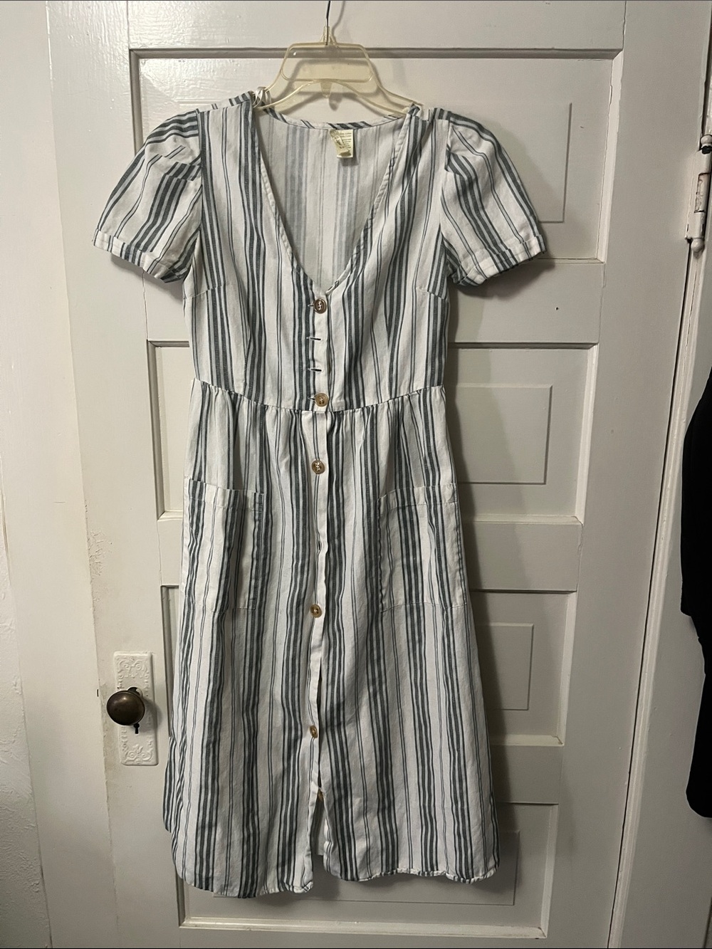 Japna White Dress with Blue Vertical Stripes